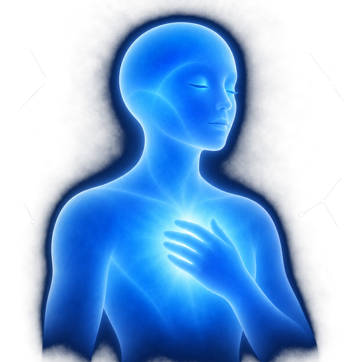 Figura de luz azul con la mano en el pecho y los ojos cerrados