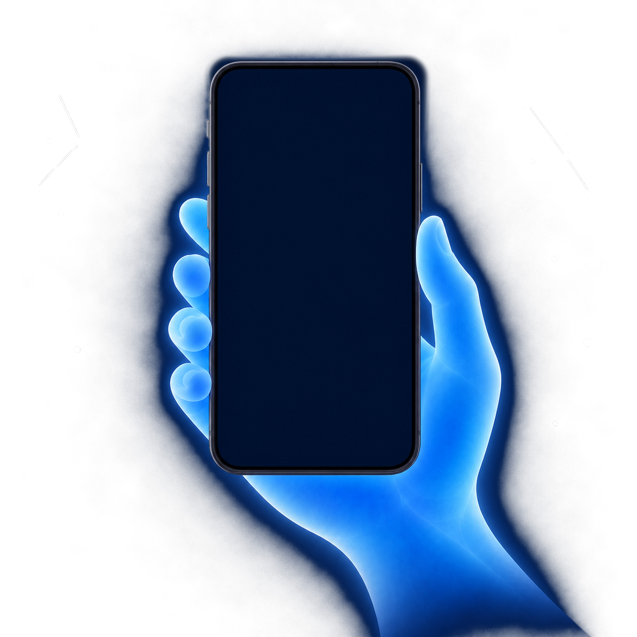 Una mano de luz azul sostiene un teléfono con la pantalla de niveles de Dream Actively